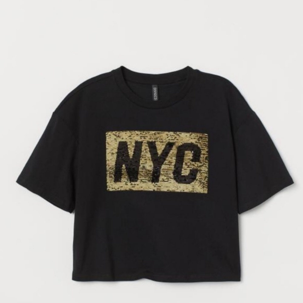 H & M  Divided black reversible sequin top NYC Big Apple Broadway 42nd St. Bronx - Picture 3 of 8